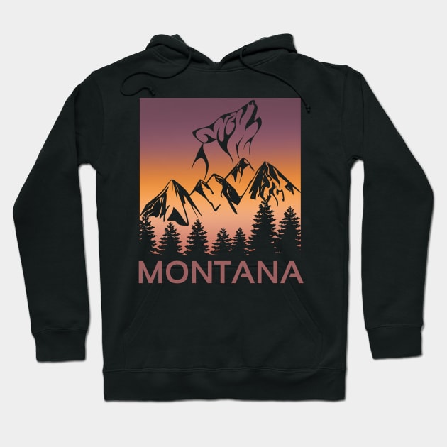 Montana Sunset Wolf Howling at The Moon Trees and Mountains Hoodie by jackofdreams22